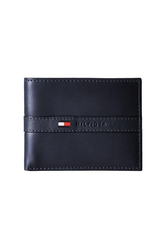 Men's Premium Leather Flip ID Passcase Billfold Wallet Navy