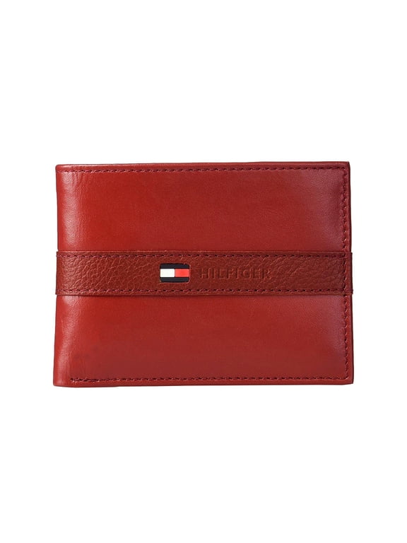 Men's Premium Leather Flip ID Passcase Billfold Wallet Red