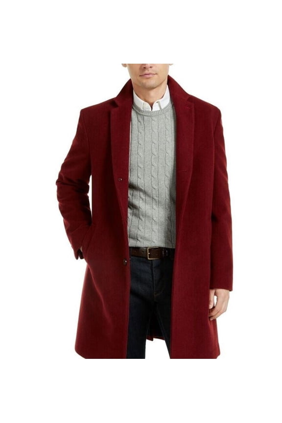Men's Red Addison Wool-Blend Trim Fit Overcoat, 38 Short
