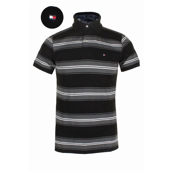 Tommy Hilfiger Men's Short Sleeve Striped Custom Fit Polo Shirt Black Carbon XL