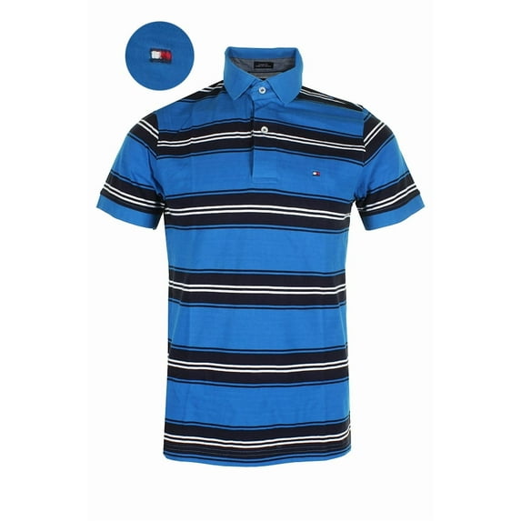 Tommy Hilfiger Men's Short Sleeve Striped Custom Fit Polo Shirt Blue Navy XL