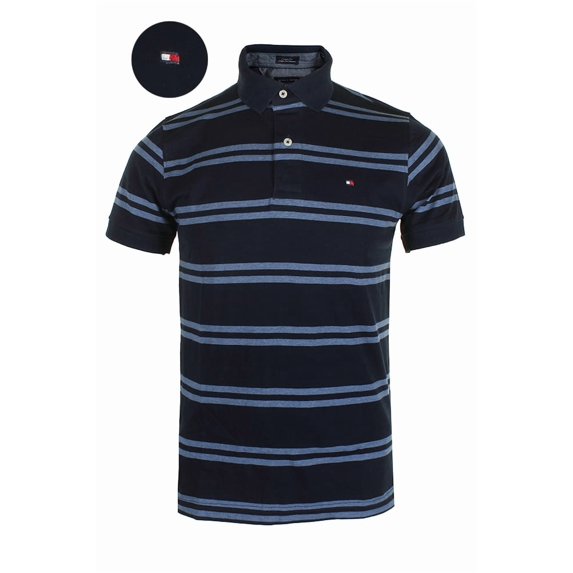 Tommy Hilfiger Men's Short Sleeve Striped Custom Fit Polo Shirt Navy Blue M