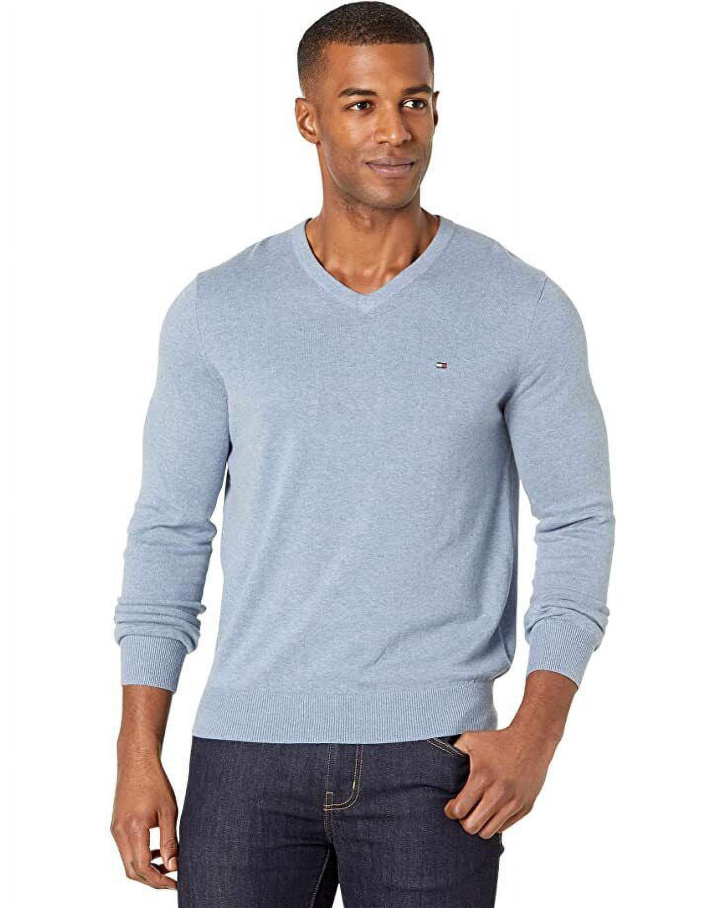 Tommy Hilfiger Men\'s Signature Solid V-Neck Cotton Sweater Captains  Blue-Small