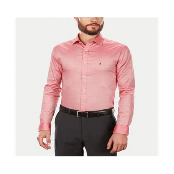 Tommy Hilfiger Men's Slim Fit Stretch Solid Dress Shirt Red Size 32-33