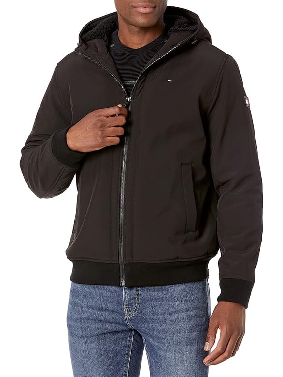Men's Soft Shell Active Filled Bomber Jacket, Black Sherpa Lined w. Patch, Large