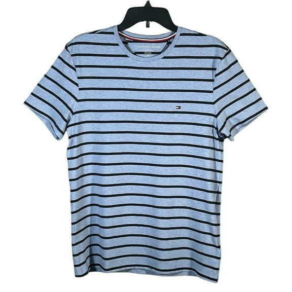 Tommy Hilfiger Men's Stripe T-Shirt Size L Navy/Sky Blue Stretch Crew Neck