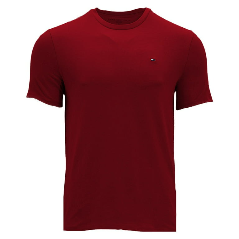 Tommy Hilfiger Short Tee, T-Shirt Maroon Essential Crewneck Men\'s Core Sleeve ,L Casual