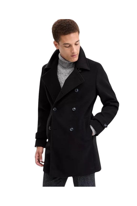 Mens Classic-Fit Double Breasted Peacoat Coat 46R Black