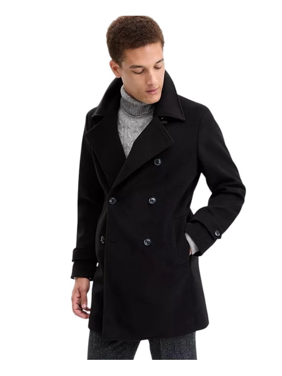 Mens Classic-Fit Double Breasted Peacoat Coat 46R Black