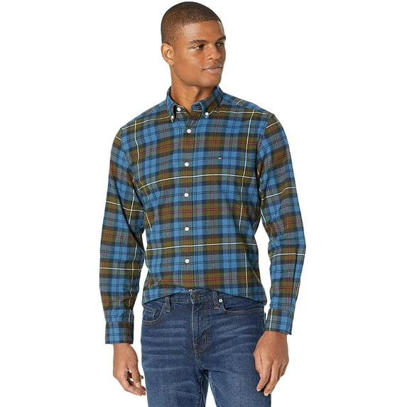 Tommy Hilfiger Mens Long Sleeve Th Flex Button Down Shirt in Classic Fit Medium Green Cliffs