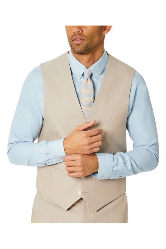 Mens Modern fit Button-Up Suit Vest Small Beige Solid Stretch