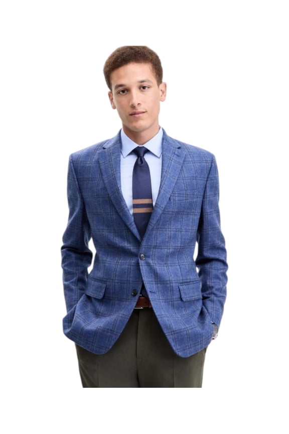 Mens Modern fit Sport Coat Blazer 38 R Navy Blue Plaid Stretch
