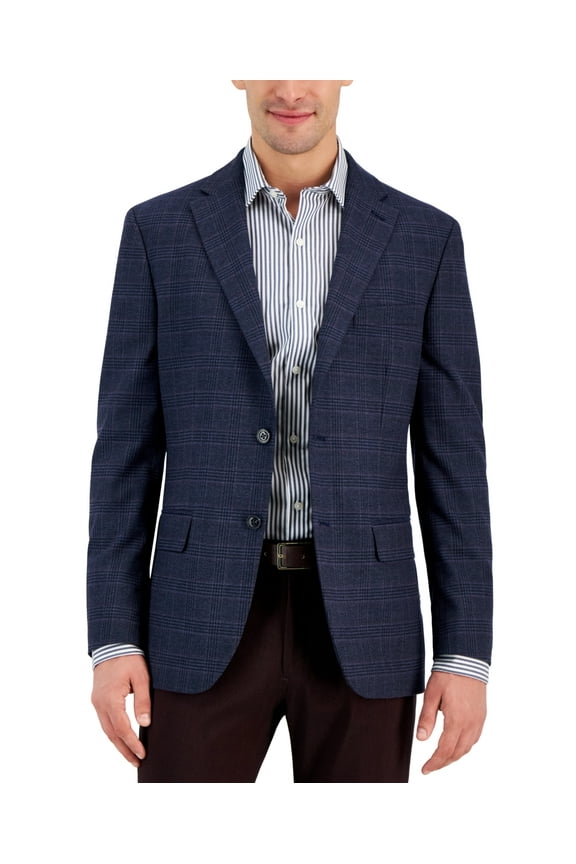 Mens Modern fit Sport Coat Blazer 38 R Navy Blue Plaid Stretch