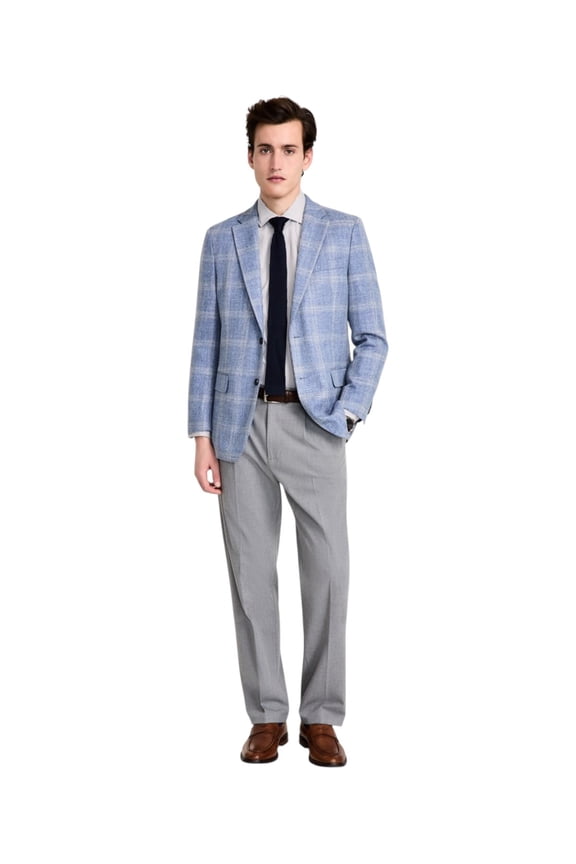 Mens Modern fit Sport Coat Blazer 40 R Light Blue Plaid Stretch