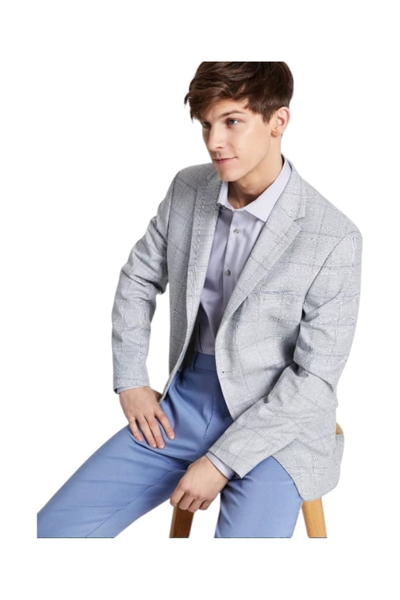Mens Modern fit Sport Coat Blazer 44 L Grey Blue Plaid