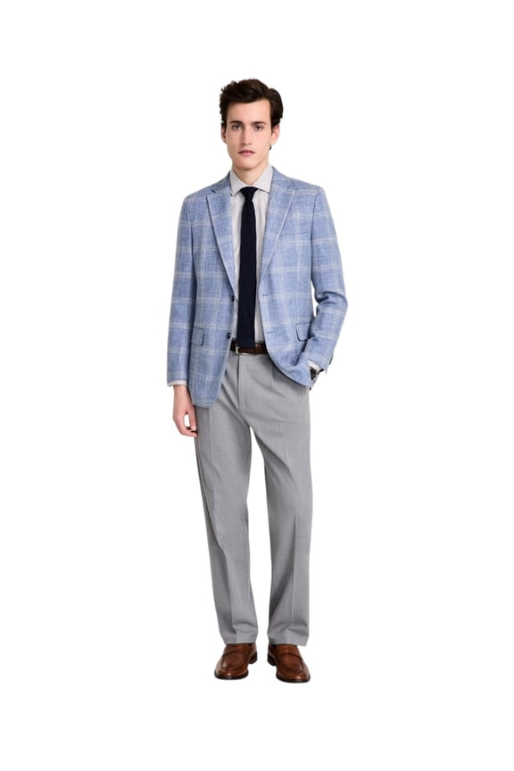 Mens Modern fit Sport Coat Blazer 48 L Powder Blue Plaid Stretch