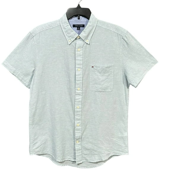 Tommy Hilfiger Mens Porter Cotton Linen Shirt Size L Light Blue Short Sleeve