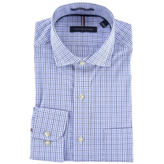 Tommy Hilfiger Men's Regular Fit Long Sleeves Shirt Blue Plaid, 17-17.5 36-37