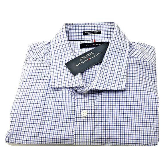Tommy Hilfiger Mens Regular Fit Stretch Shirt 15-151/2 32/33/Blue Plaid/White