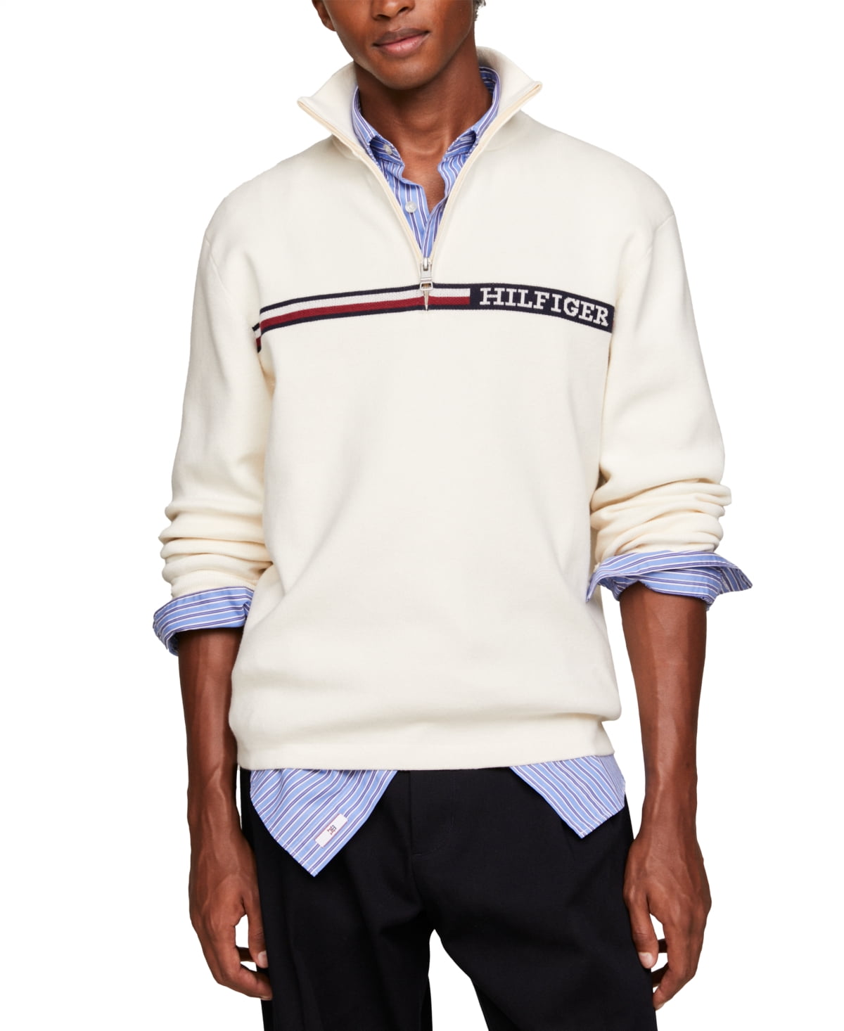 Tommy Hilfiger Mens Regular fit Quarter zip Sweater Medium Mock Neck Beige