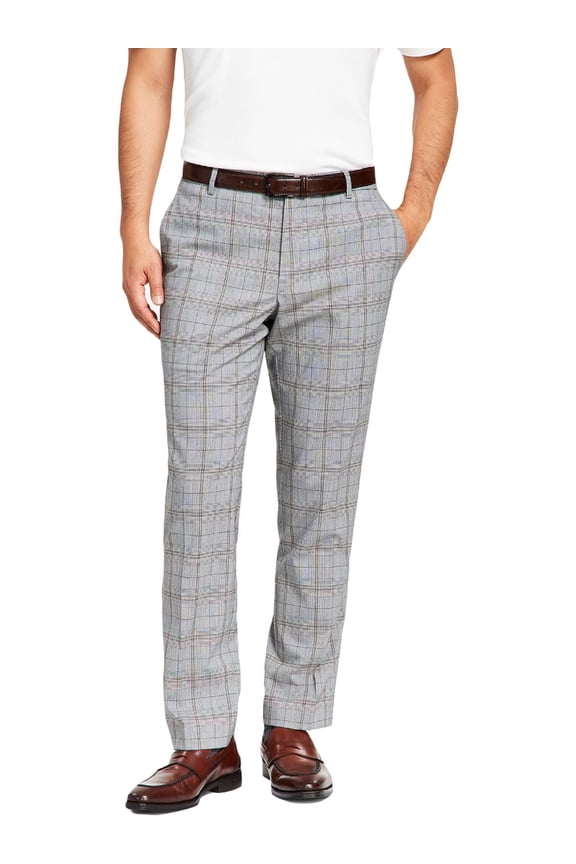 Men's Grey Plaid Skinny-Fit Dress Pants Check Plaid 32x32
