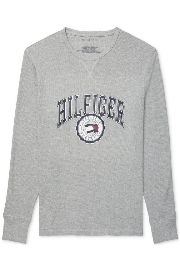 Mens Thermal Waffle-Knit Logo Graphic Long-Sleeve T-Shirt M Grey