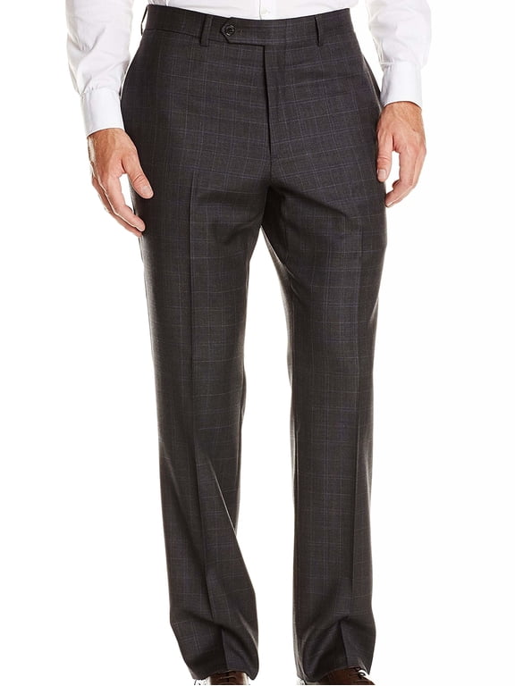 Mens Trim-Fit Windowpane Flat Front Dress Pants (30x30, Charcoal)