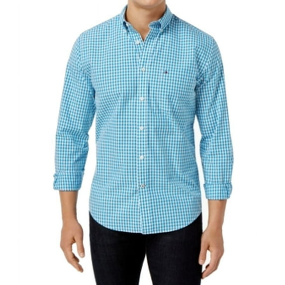 Tommy Hilfiger Mens Twain Check Button Up Shirt, Blue, Small