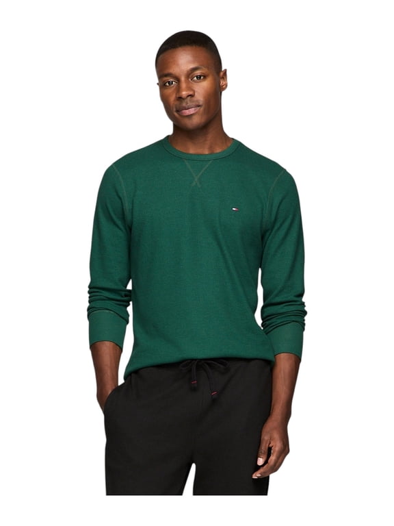 Mens Waffle Knit Long Sleeve Crewneck Thermal T Shirt Green Size L