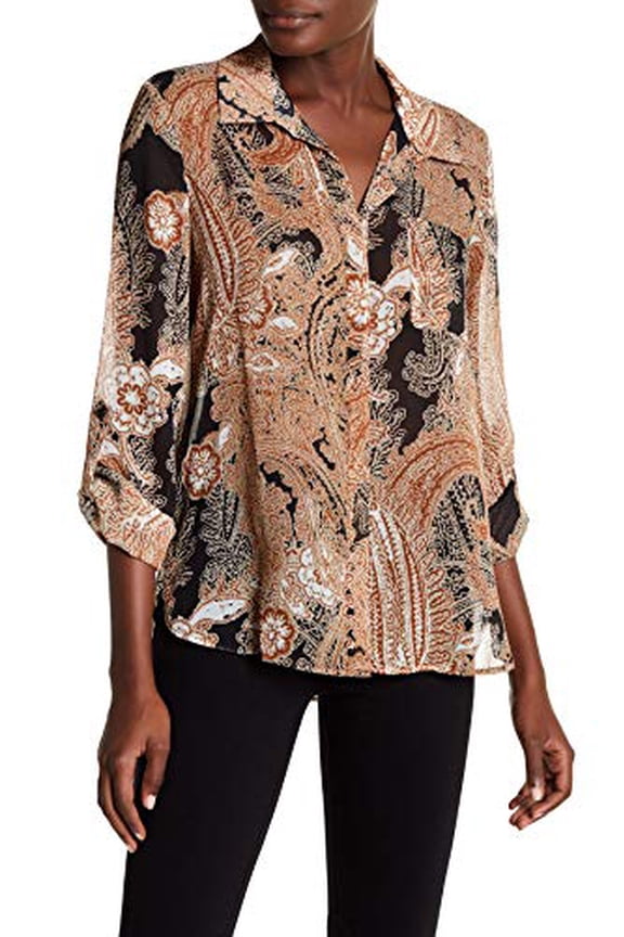 Women's Paisley Button Down Shirt Brown XS