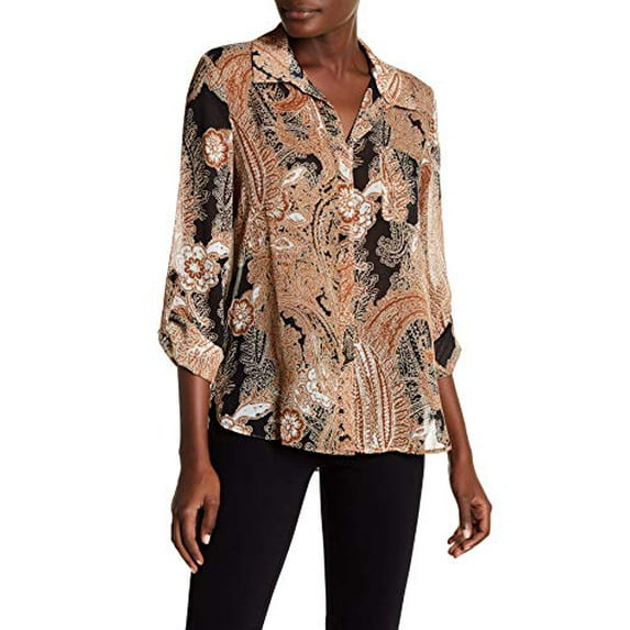 Tommy Hilfiger Women's Paisley Button Down Shirt Brown XS