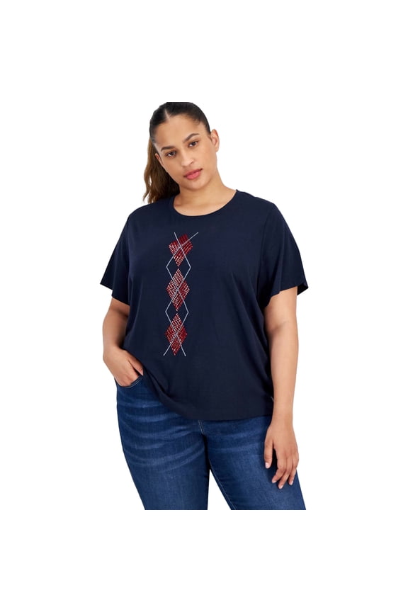 Womens Embroidered Embellished T-Shirt, Blue, Plus Size, 0X