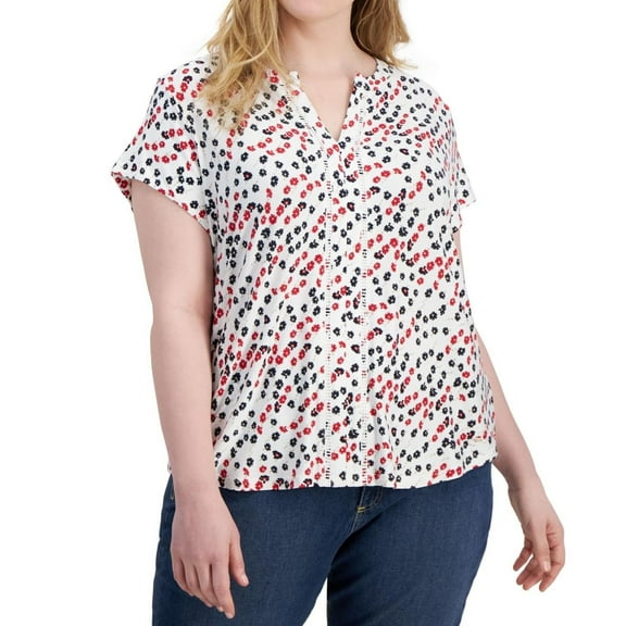Tommy Hilfiger Womens Ditsy Floral Peasant Blouse, Multicoloured, Plus Size, 2X