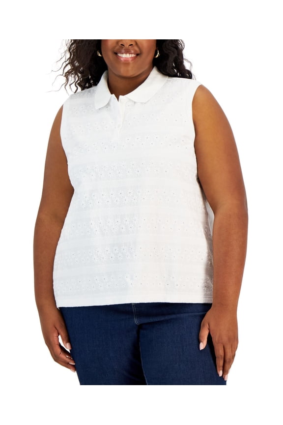 Plus Size Lace Sleeveless Polo Shirt Bright White 0X