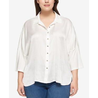 Tommy Hilfiger Plus Size Mixed Media Shirt Ivory 3X