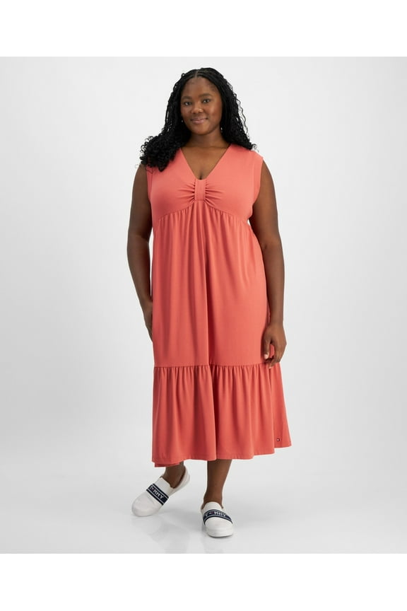 Plus Size Solid Tiered Sleevel Mineral Red 2X