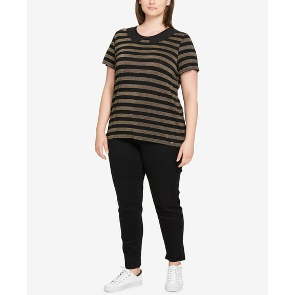 Tommy Hilfiger Plus Size Striped Peter Pan Collar Top Blackgold Lurex 3X