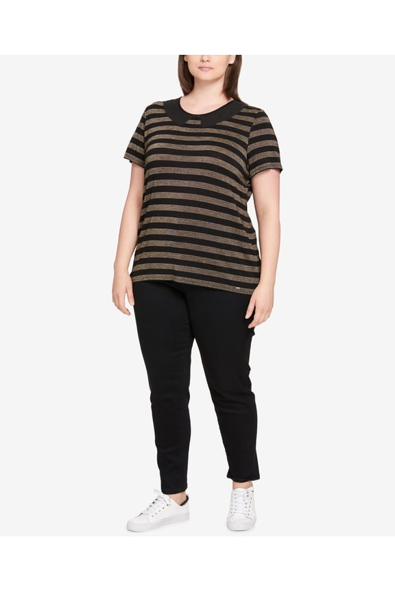 Plus Size Striped Peter Pan Collar Top Blackgold Lurex 3X