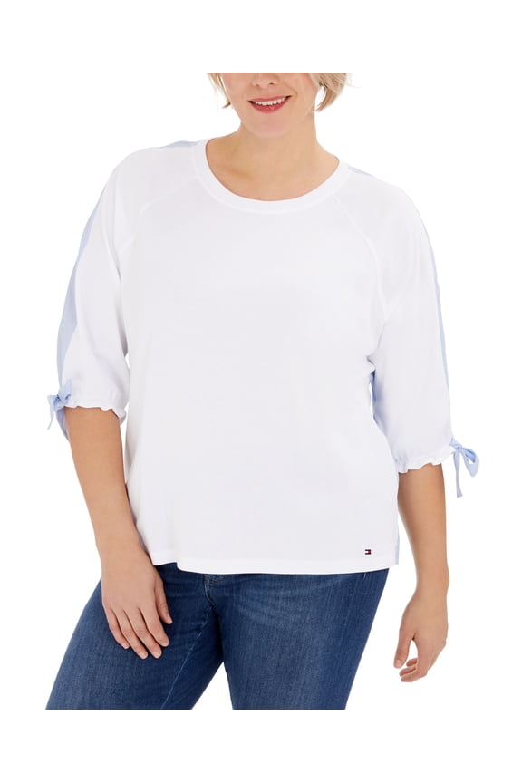 Plus Size Two Tone Tie Sleeve Knit Top White 0X