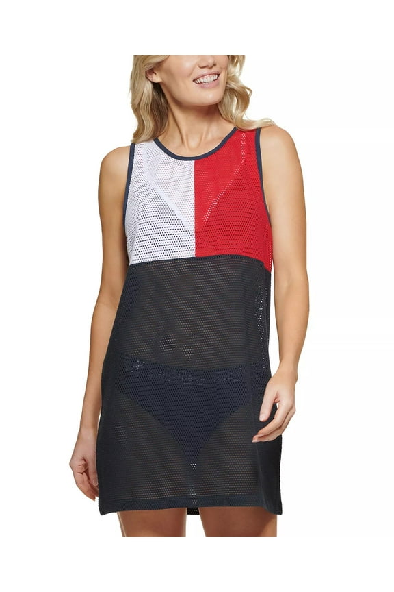 RED/WHITE/BLUE Colorblocked Perforated Cover-up, US Small/Medium