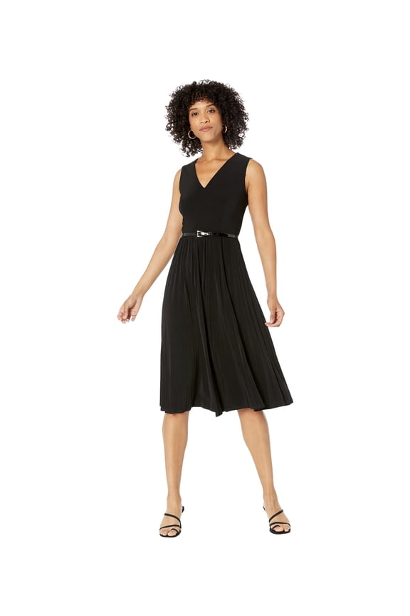 Sleeveless Pleated Dress with Belt Black 12