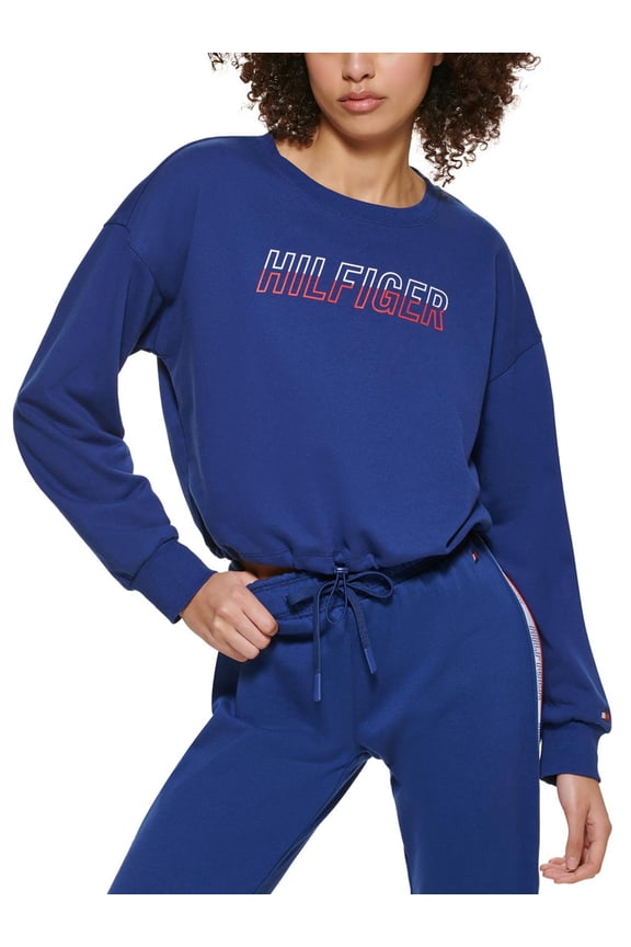 Sport Womens Taping Bungee Cord Hem Logo Graphic Cutout Sweatshirt Deep Blue XS