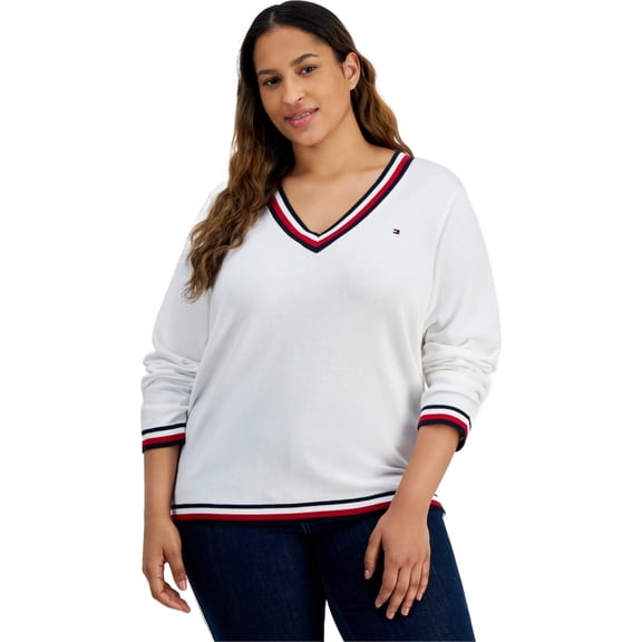 Tommy Hilfiger Womens V-Neck Pullover Sweater, White, Plus Size, 1X