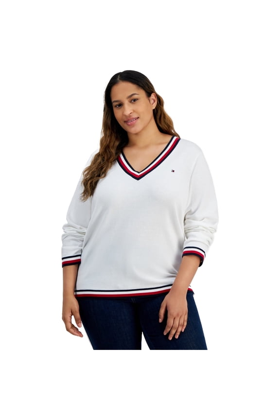 Womens V-Neck Pullover Sweater, White, Plus Size, 1X