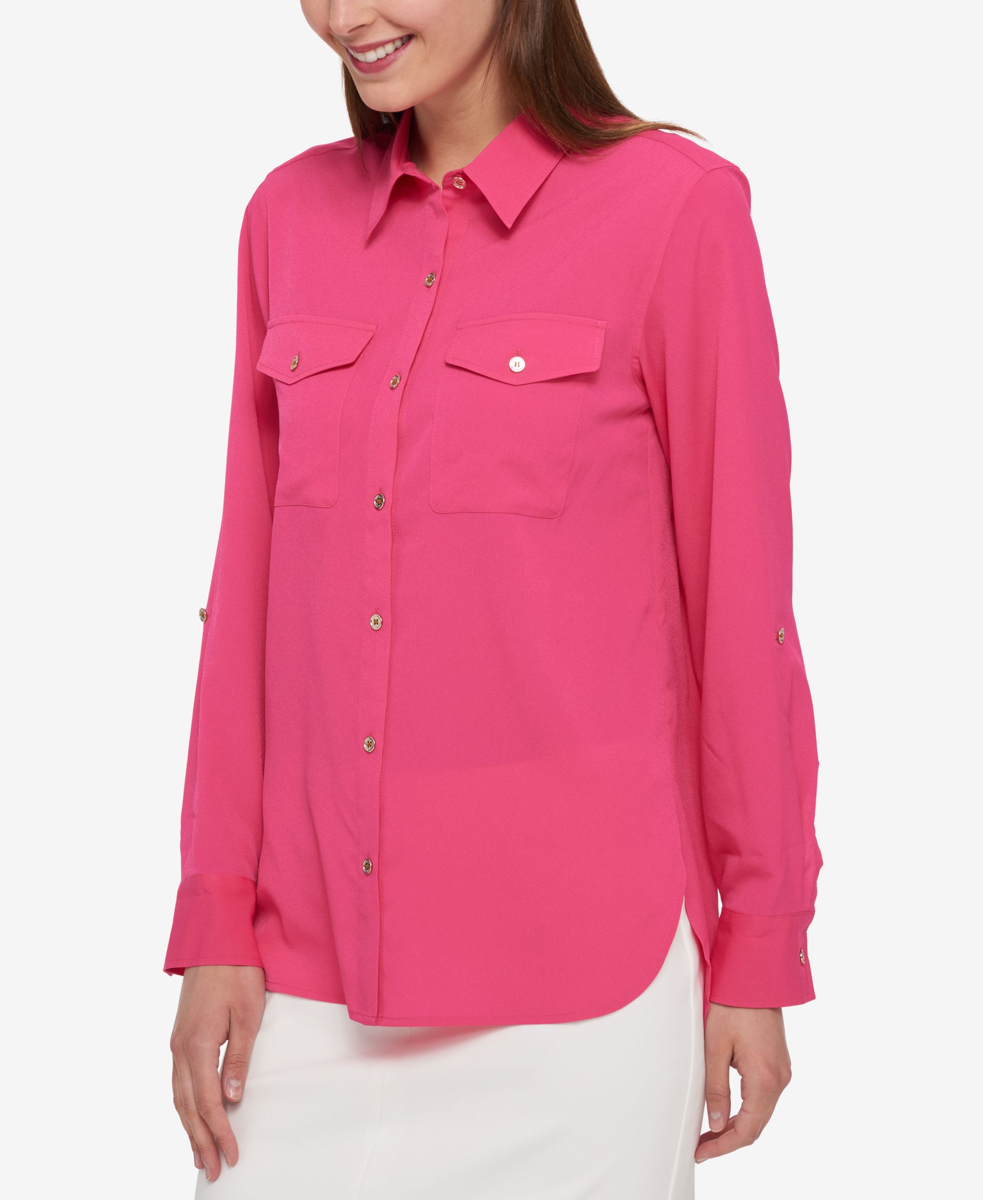 Tommy Hilfiger Utility Shirt Hibiscus, S Womens shirt MSRP $91 Pink S