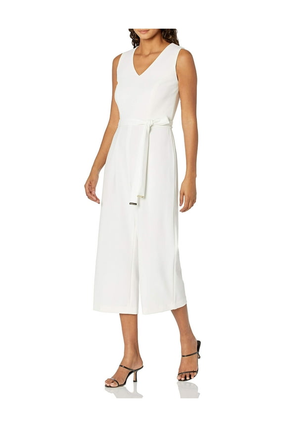 V-Neck Scuba Crepe Crop Jumpsuit Ivory 14