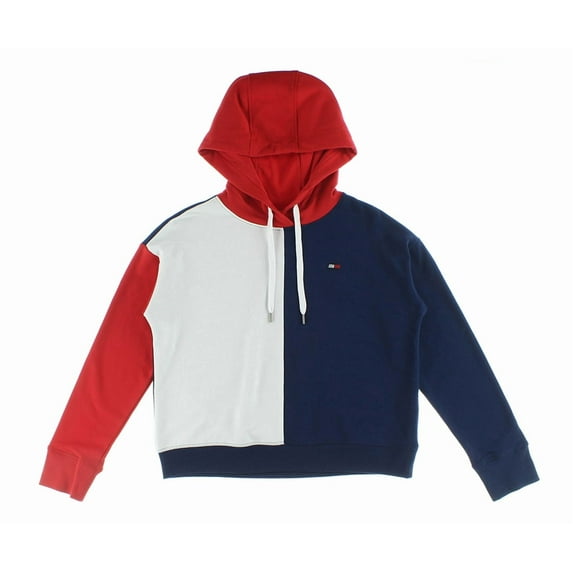 Tommy Hilfiger Vertical Colorblock Crop Womens Active Hoodies Size S, Color: Blue/White/Red