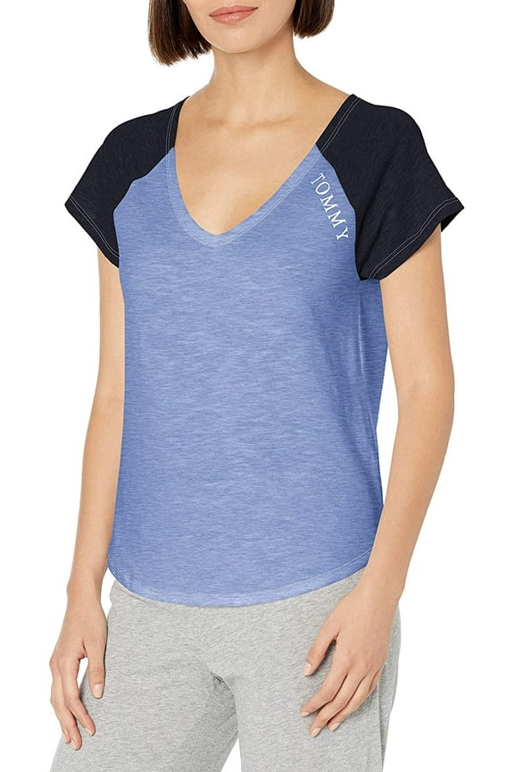 Women’s Short Sleeve Cotton Tee Shirt with Hilfiger Logo Lounge Pajama Shirt (Warm Chambray), Warm Chambray, Medium