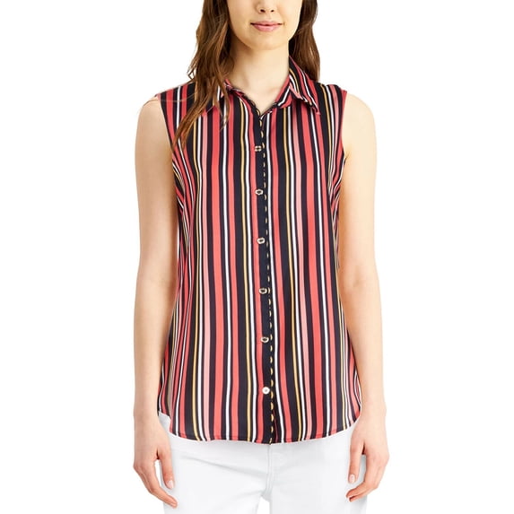 Tommy Hilfiger Women Stripe Scallop-Trim Sleeveless Shirt Pink Navy Combo Size M