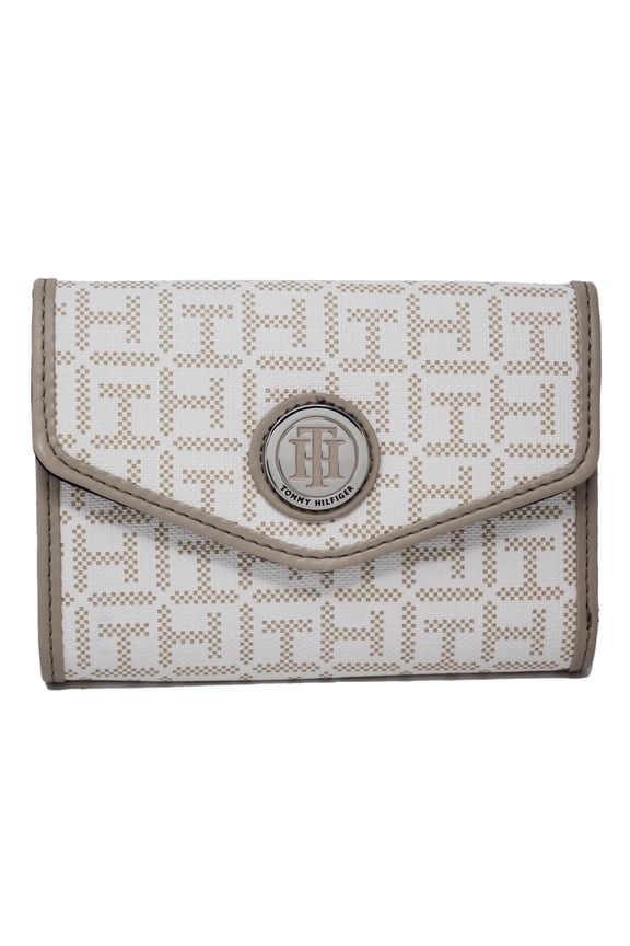 Women White Gray Coated Canvas Logo Print Small Wallet Clutch Bag